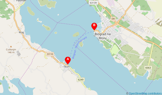 Map of ferry route between Tkon and Biograd na Moru